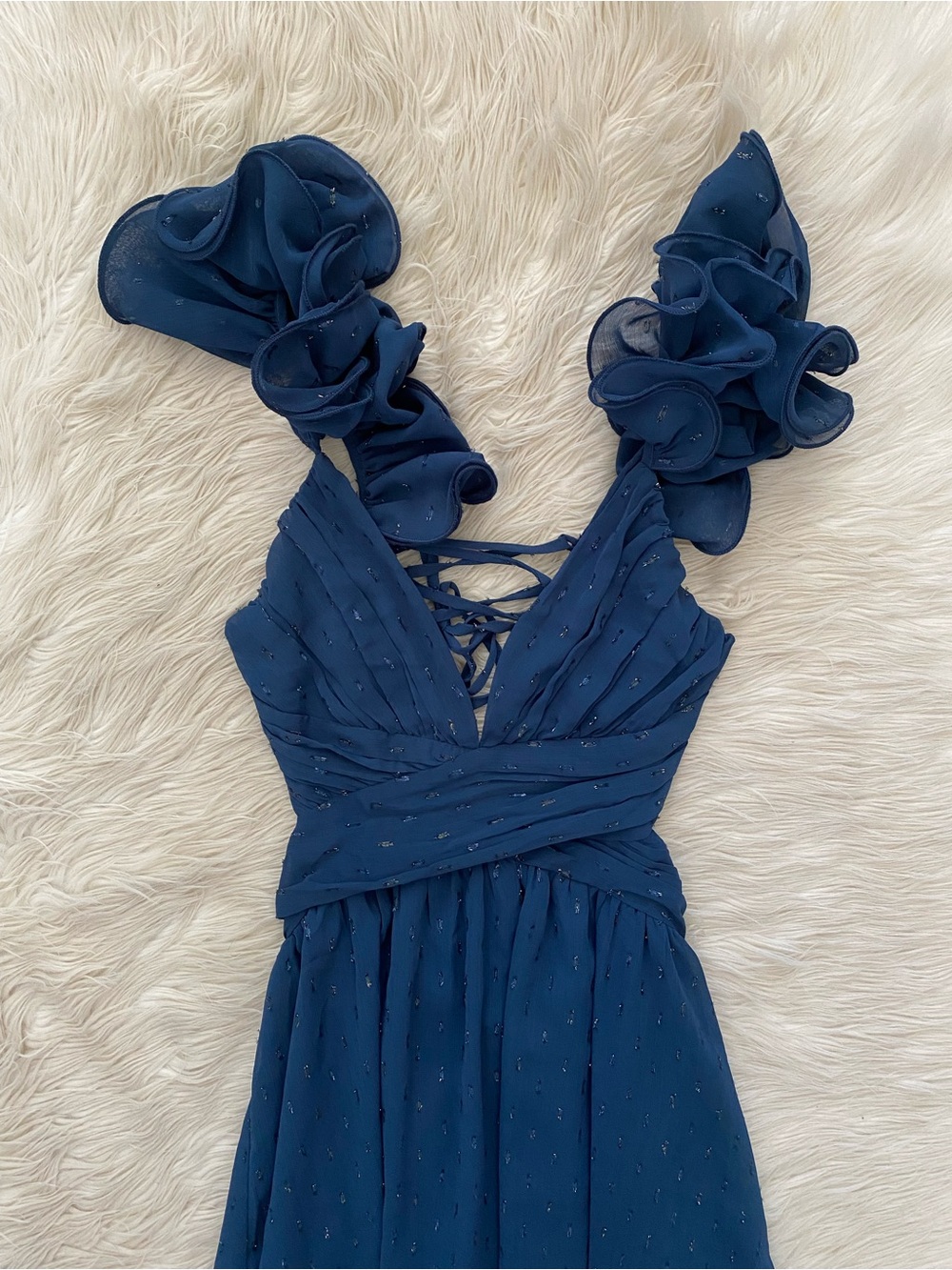 Petal & Pup Harmony Maxi Dress Navy Blue V-Neck Open Corset Back Formal Gown S - Picture 3 of 14